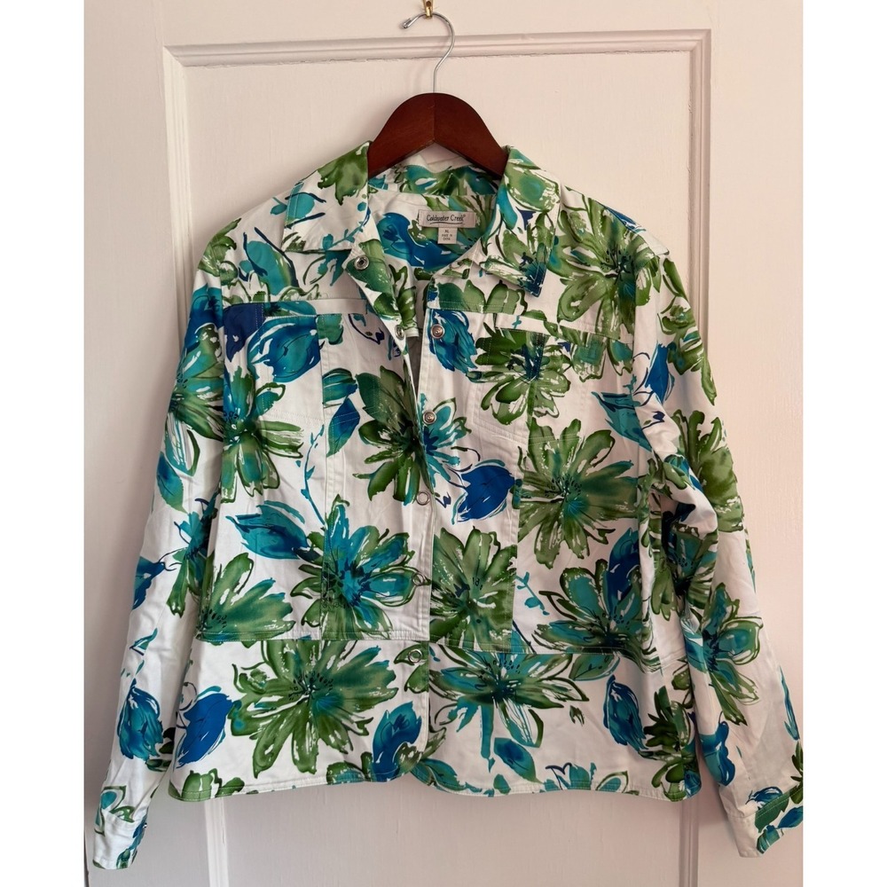 Coldwater Creek Floral Jacket Womens Sz XL Cotton Stretch Snap Front Green Blue